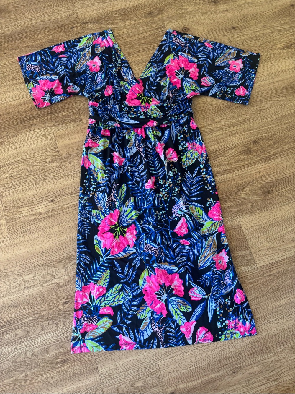 Lilly Pulitzer Navy Maxi Dress with Bright Pink Floral Print